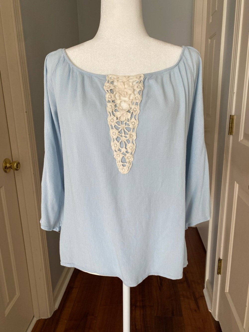 Soft Light Blue Tunic with Cream Crochet Detail